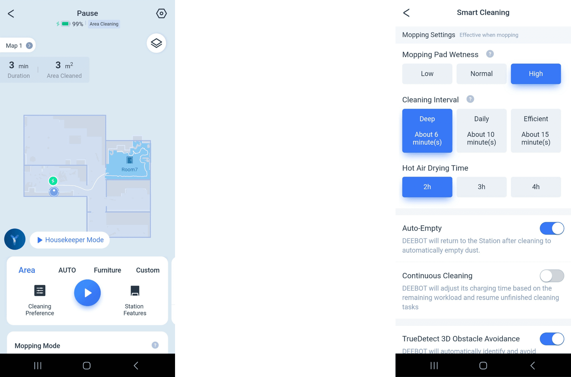 In der ECOVACS DEEBOT T20 OMNI App wird das Mopp-Reinigungsintervall ausgewählt.